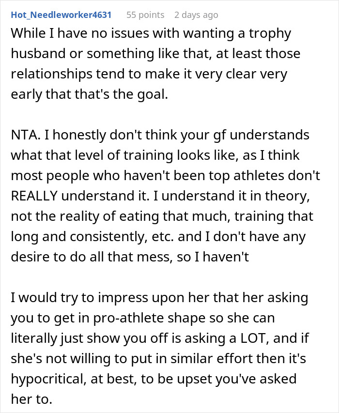 Text conversation discussing a woman demanding her swimmer boyfriend look like her friend’s partner and his response.