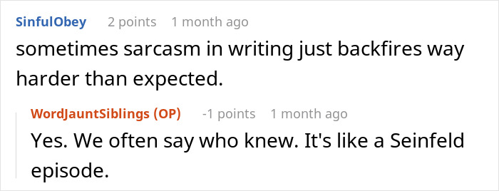 Reddit comments discussing how sarcasm in writing can backfire, related to a restaurant and a snarky letter. Reddit comments discussing how sarcasm in writing can backfire, related to a restaurant and a snarky letter.