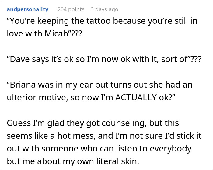 Text conversation showing confusion over fianc&eacute;e&rsquo;s tattoo designed by ex and impact on wedding plans involving jealous friend advice