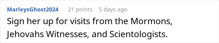 Comment text on a social media post about a woman demanding in-laws remove religious items because it affects her atheism.