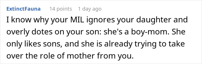 Reddit comment screenshot about MIL favoring son and trying to take over mother role, mom takes her baby Reddit comment screenshot about MIL favoring son and trying to take over mother role, mom takes her baby