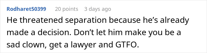 Comment warning about separation and advising to get a lawyer, related to guy&rsquo;s relationship with female colleague heading toward work-wife territory.