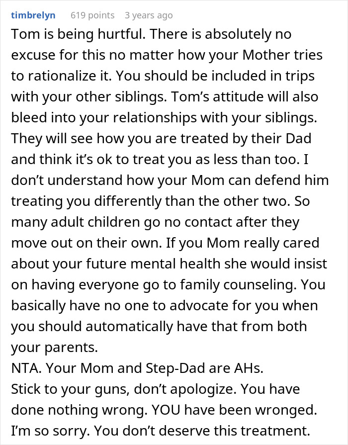 Comment discussing teen calls out stepdad for ignoring him and mom saying he’s 95% dad with family conflict advice.