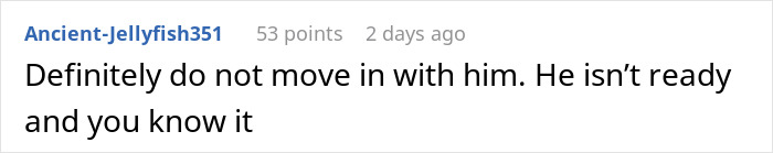 Comment from user Ancient-Jellyfish351 advising not to move in with widower boyfriend who isn&rsquo;t ready after being asked to remove wedding ring.