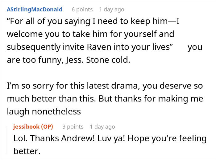 Reddit conversation screenshot showing a woman discussing letting friend stay during surgery recovery.