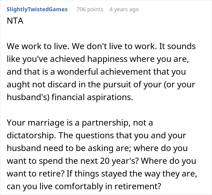 Comment text on a woman refusing to move again after decades relocating for husband&rsquo;s career, discussing marriage and happiness.