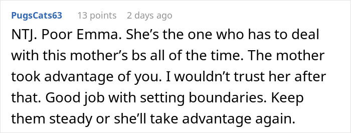 Comment about a drunk lady arriving late to pick up her kid, with sitter setting firm boundaries after the incident.