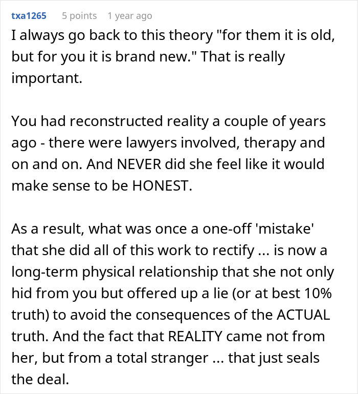 Comment discussing a man discovering his wife’s cheating was a long-term secret, not a one-time incident.