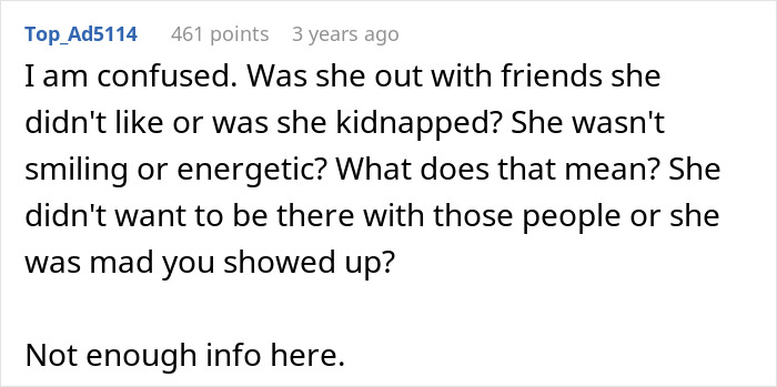 Reddit comment screenshot questioning whether wife mopes at b-day party was kidnapped or unhappy, user says not enough info.