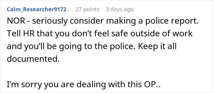Screenshot of a Reddit comment advising to report safety concerns about a coworker after work and keep documentation.