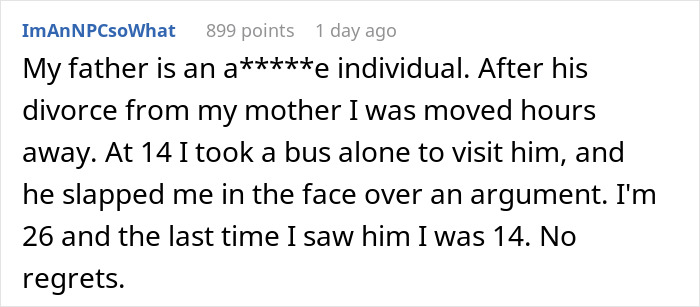 Screenshot of a Reddit comment about family conflict and estrangement involving a father and child. Screenshot of a Reddit comment about family conflict and estrangement involving a father and child.