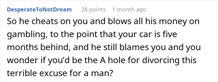 Comment from user describing a husband blaming SAHM wife for financial issues, leading to divorce.