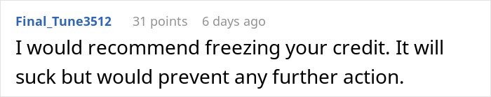 Comment recommending freezing credit to prevent further financial issues after husband blames SAHM wife for money problems.