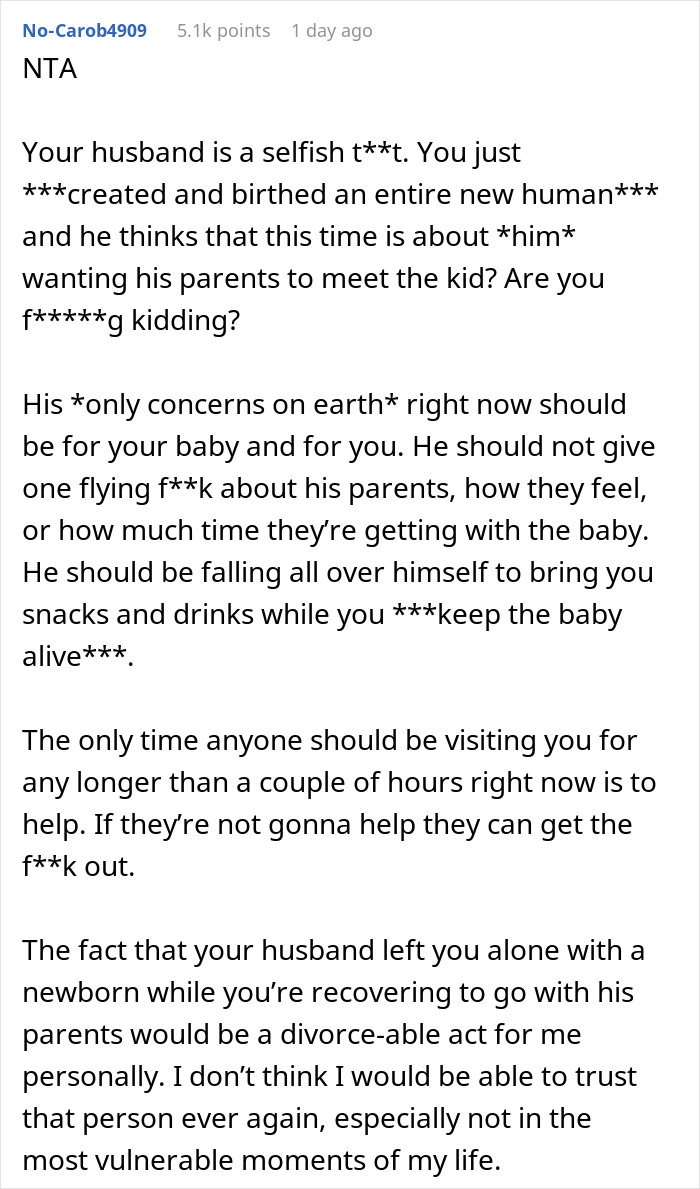 Comment criticizing husband and in-laws for not helping new mom with baby, stressing her struggles and need for support. Comment criticizing husband and in-laws for not helping new mom with baby, stressing her struggles and need for support.