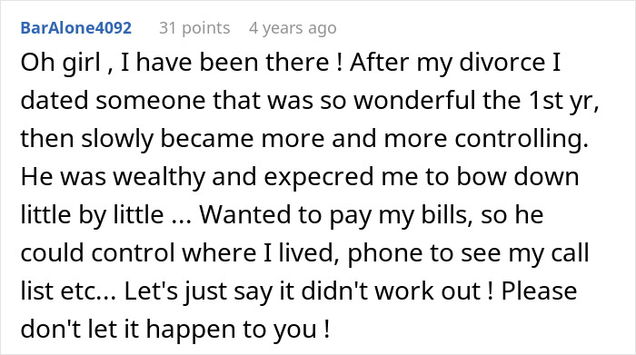 Screenshot of a forum comment discussing boyfriend fears about golddiggers and relationships turning controlling. Screenshot of a forum comment discussing boyfriend fears about golddiggers and relationships turning controlling.