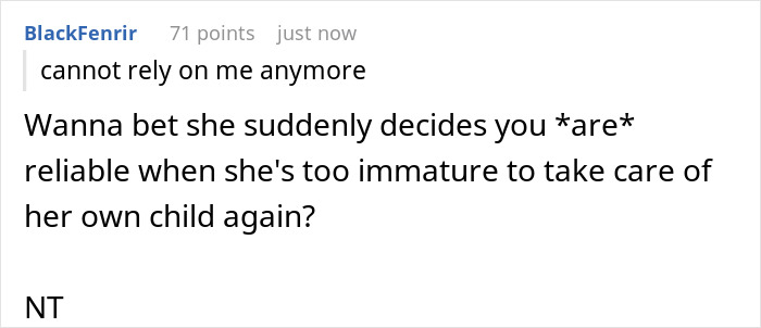 Screenshot of an online comment discussing a child-loathing lady pressured by her family to be a free nanny.