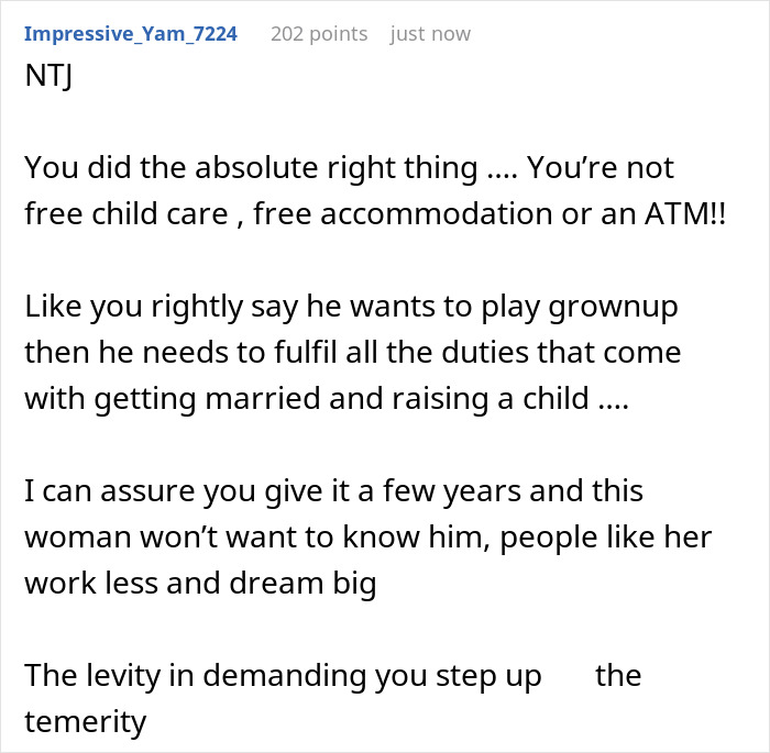 Comment text discussing son impregnate girlfriend figure living situation and responsibilities of raising a child.