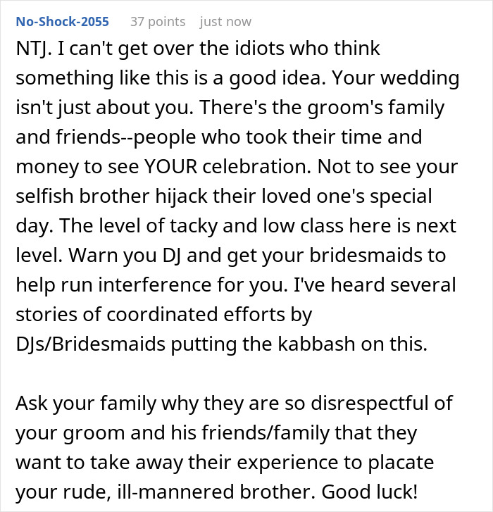 Alt text: Comment criticizing proposing at sister’s wedding and calling the bride a bridezilla for saying no way. Alt text: Comment criticizing proposing at sister’s wedding and calling the bride a bridezilla for saying no way.