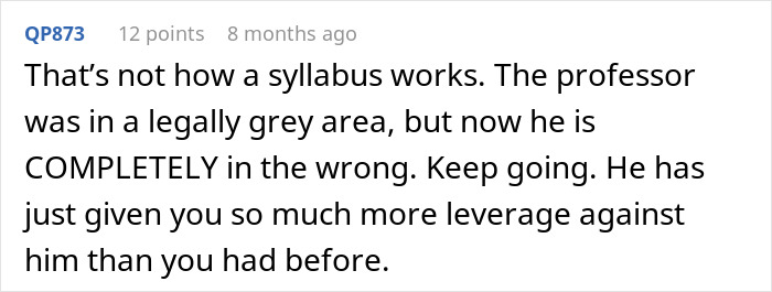 Screenshot of an online comment discussing students pushing back after professor enforces phone rule without warning.