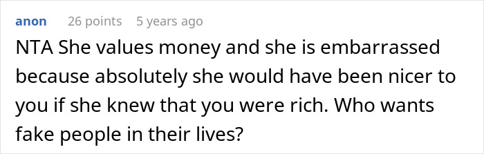 Screenshot of an online comment discussing a woman hiding her finances from her mother-in-law and reactions to wealth. Screenshot of an online comment discussing a woman hiding her finances from her mother-in-law and reactions to wealth.