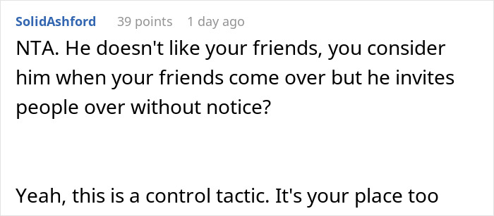 Reddit screenshot: comment calls partner controlling for banning friends — boyfriend-ban-friends-relationship Reddit screenshot: comment calls partner controlling for banning friends — boyfriend-ban-friends-relationship