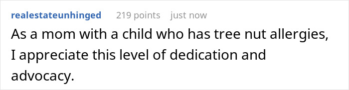 Comment from user appreciating allergy advocacy, mentioning child with tree nut allergies and dedication to food allergy restrictions.