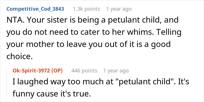 Reddit screenshot: comments about sister exchanging a heated blanket, top reply calls her petulant child, OP laughs Reddit screenshot: comments about sister exchanging a heated blanket, top reply calls her petulant child, OP laughs