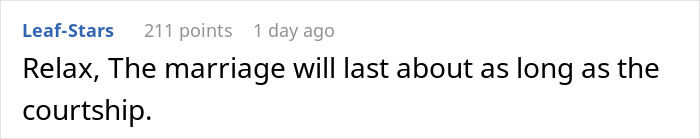 Comment on a forum thread, text discussing marriage duration and courtship, related to bride entering new family drama after excluding sister-in-law. Comment on a forum thread, text discussing marriage duration and courtship, related to bride entering new family drama after excluding sister-in-law.