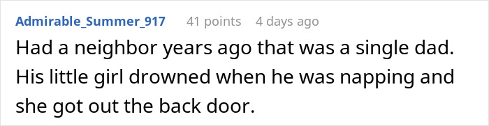 Screenshot of a forum comment describing a tragic incident related to child safety and babysitting concerns. Screenshot of a forum comment describing a tragic incident related to child safety and babysitting concerns.