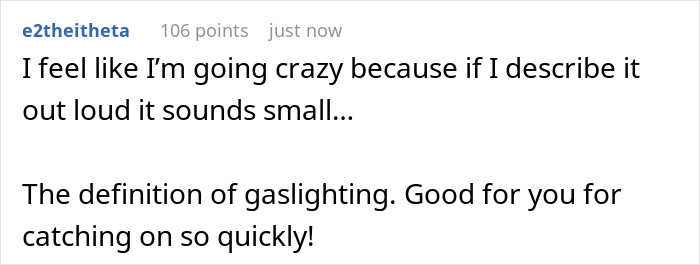 Comment about gaslighting and feeling confused, praising quick recognition of boundary and therapy battle issues.