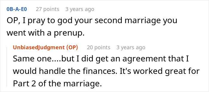 Comments discussing a husband's experience with his wife's cosmetic upgrade, infidelity, and financial agreements.