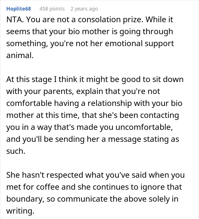 Comment advising teen on setting boundaries with bio mom appearing after 16 years, addressing hurt feelings and relationship expectations. Comment advising teen on setting boundaries with bio mom appearing after 16 years, addressing hurt feelings and relationship expectations.