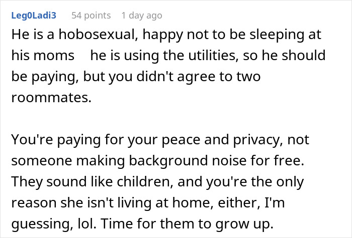 Comment discussing roommate and boyfriend vacation drama involving shared utilities and privacy concerns at home. Comment discussing roommate and boyfriend vacation drama involving shared utilities and privacy concerns at home.