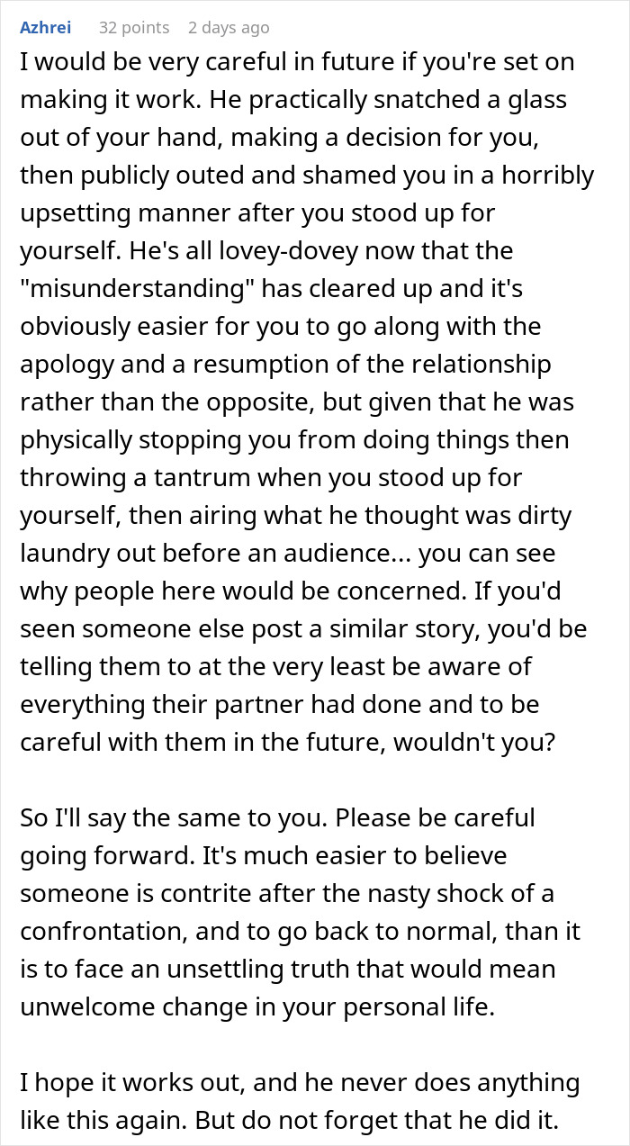 Text comment discussing a man showing his true colors after assuming fianc&eacute;e is pregnant, leaving her shocked and humiliated.