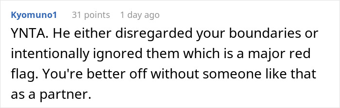 Comment discussing a recovering alcoholic setting boundaries and rejecting a second date planned entirely around bars. Comment discussing a recovering alcoholic setting boundaries and rejecting a second date planned entirely around bars.