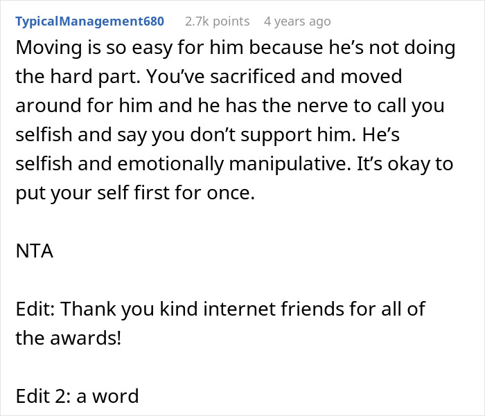 Comment discussing sacrifices and emotional manipulation in a woman's decision to stop relocating for husband's career.