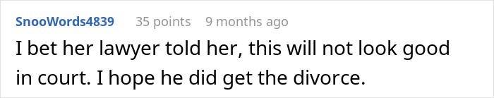Comment discussing potential court outcome and divorce hope related to man secretly playing video games and buying Star Wars figures.