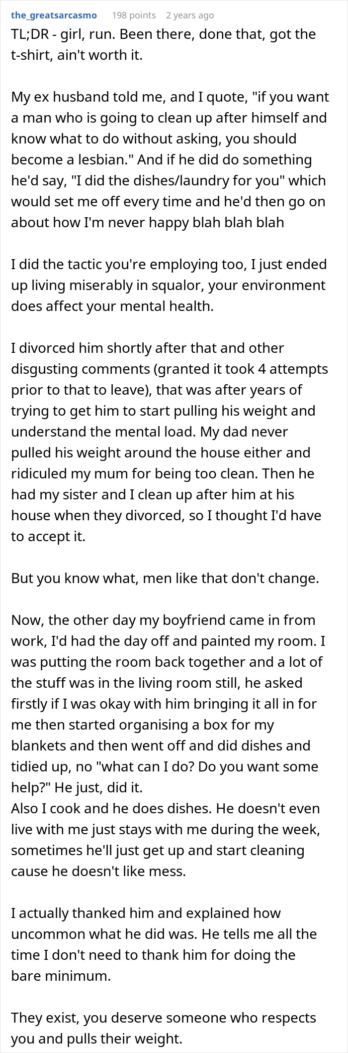 Text excerpt from a woman on living like her husband and his reaction as she decides to match his behavior exactly.