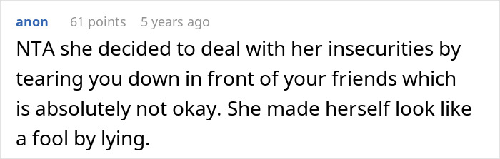 Reddit screenshot of a comment criticizing a wife for lying; guy embarrasses wife by refusing to go along Reddit screenshot of a comment criticizing a wife for lying; guy embarrasses wife by refusing to go along