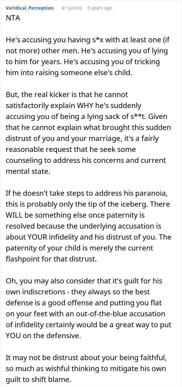 Reddit user explains paternity test dispute and suggests therapy for husband struggling with distrust and paranoia. Reddit user explains paternity test dispute and suggests therapy for husband struggling with distrust and paranoia.
