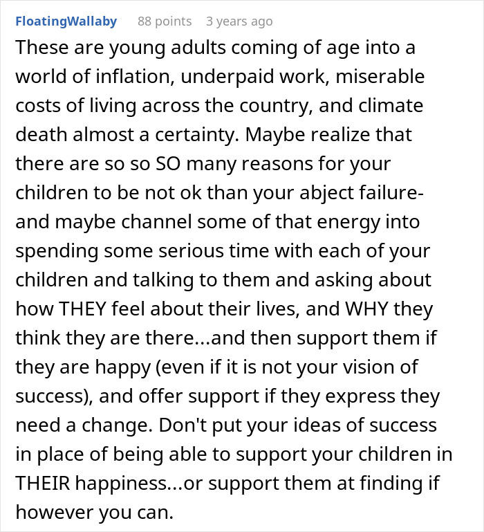 Comment discussing challenges faced by children and a dad claiming he did everything for his children but sees them as failures.