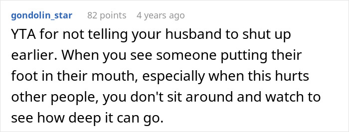 Comment criticizes husband for saying the wrong thing about late brother-in-law, causing trauma and acting ignorant.