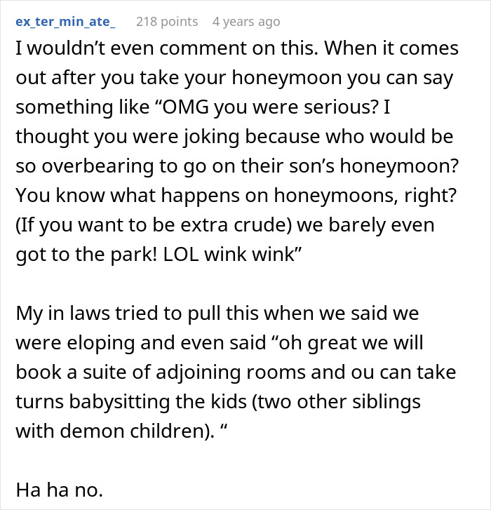 Comment about husband parents coming on honeymoon surprise showing disbelief and humorous family dynamics during honeymoon planning.