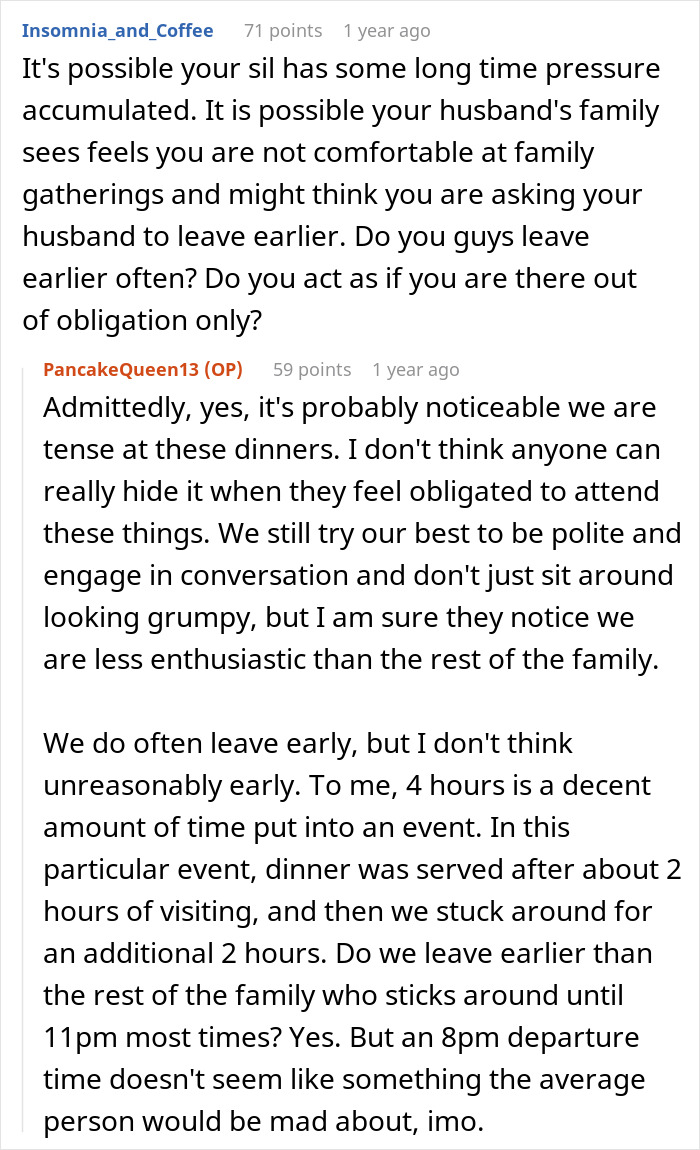 Reddit text discussion showing a couple feeling tense and obligated at family dinner, with SIL holding them hostage.