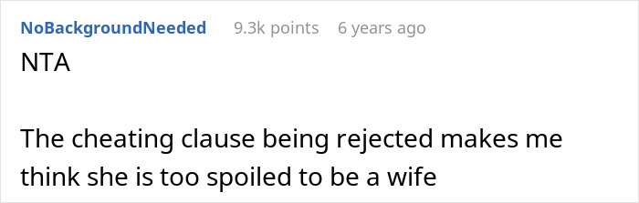 Comment on relationship dispute about prenup and infidelity clause reflects wealthy girlfriend's expectations and engagement cancellation.