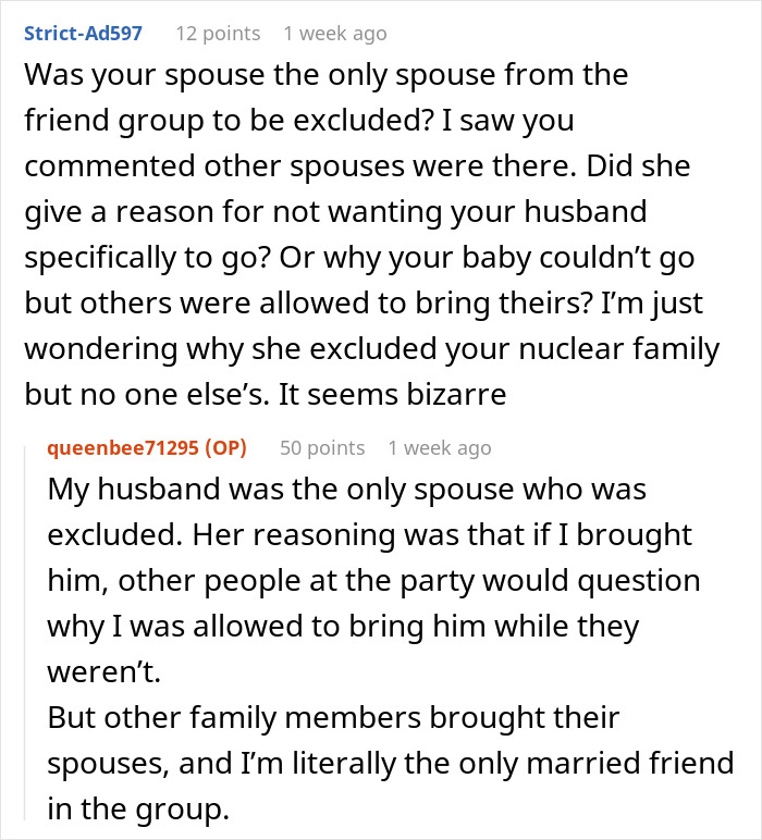 Reddit conversation discussing woman banning best friend&rsquo;s baby and husband from engagement party, causing fallout.