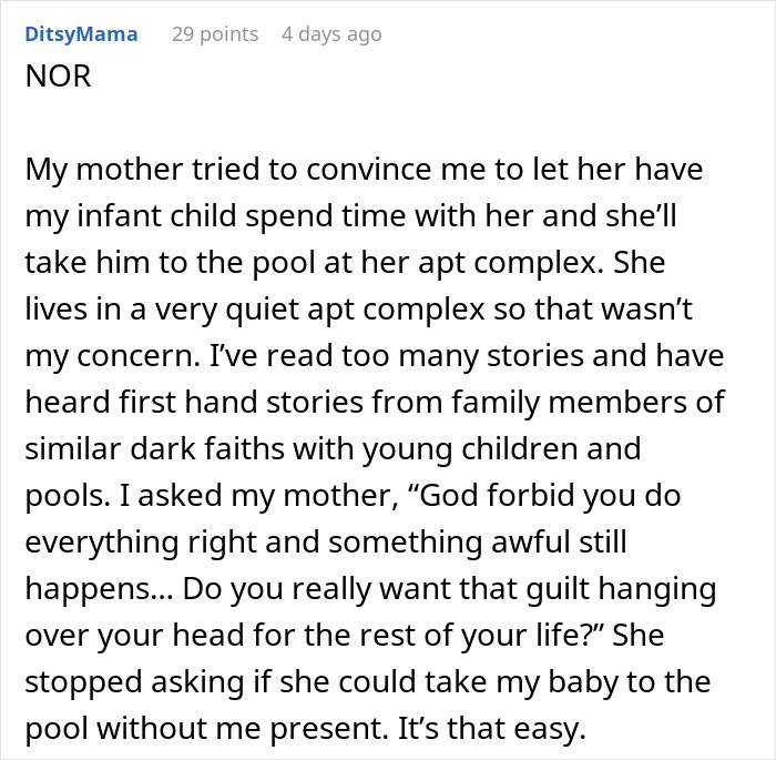 Text post from a parent explaining in-laws refuse to take grandchild’s safety seriously and get banned from babysitting. Text post from a parent explaining in-laws refuse to take grandchild’s safety seriously and get banned from babysitting.