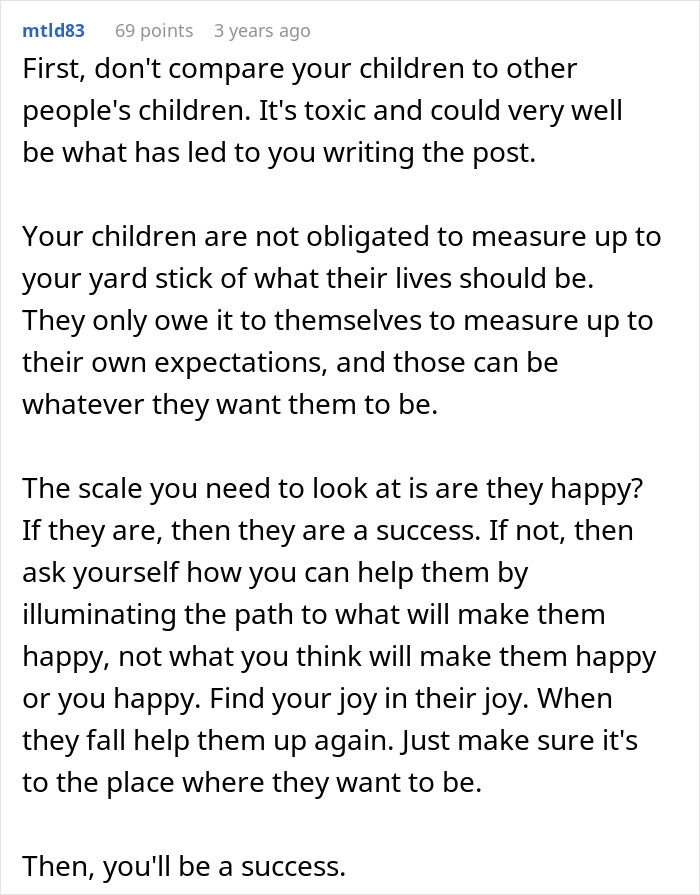 Comment discussing a dad claiming he did everything for his children but sees them as failures, focusing on parenting expectations.