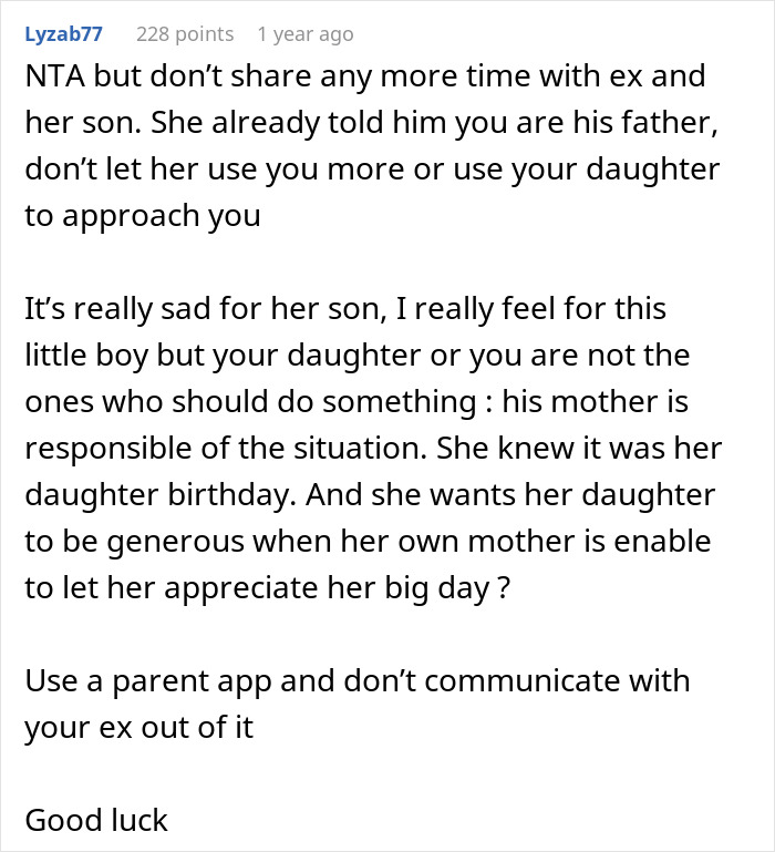 Reddit comment discussing daughter getting many presents while her half-brother has only one, dad feels no guilt. Reddit comment discussing daughter getting many presents while her half-brother has only one, dad feels no guilt.