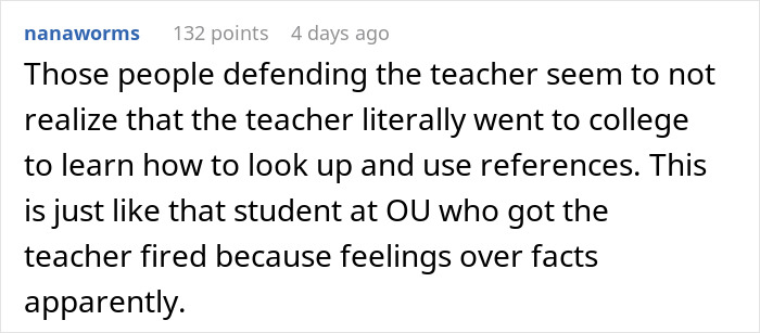 Comment discussing how a teacher was challenged by a student who knew a fun fact the teacher didn&rsquo;t, and the dad&rsquo;s response.